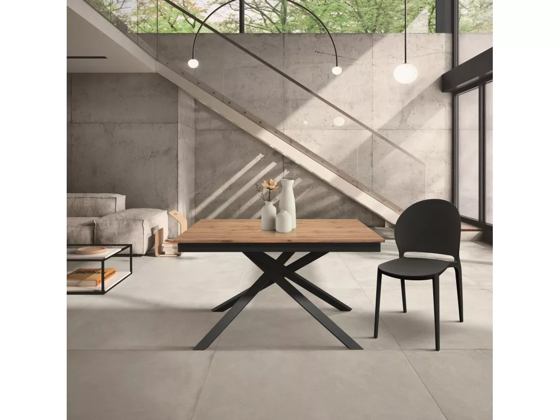 Table en bois, effet chêne, base anthracite, ext.160x90-210x90cm - VOLPAIA