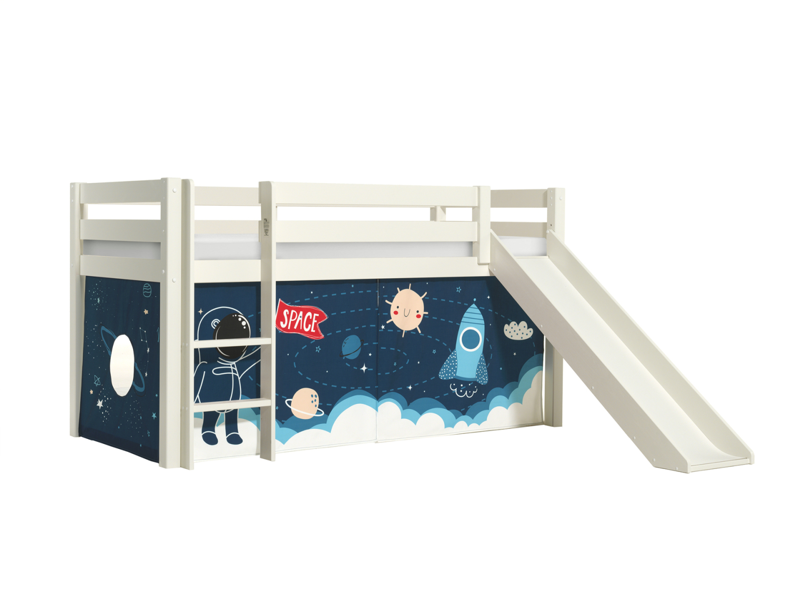 Halbhochbett PINO - SPACE SHUTTLE - Kiefer weiß Massivholz - mit Rutsche - 90x200 cm