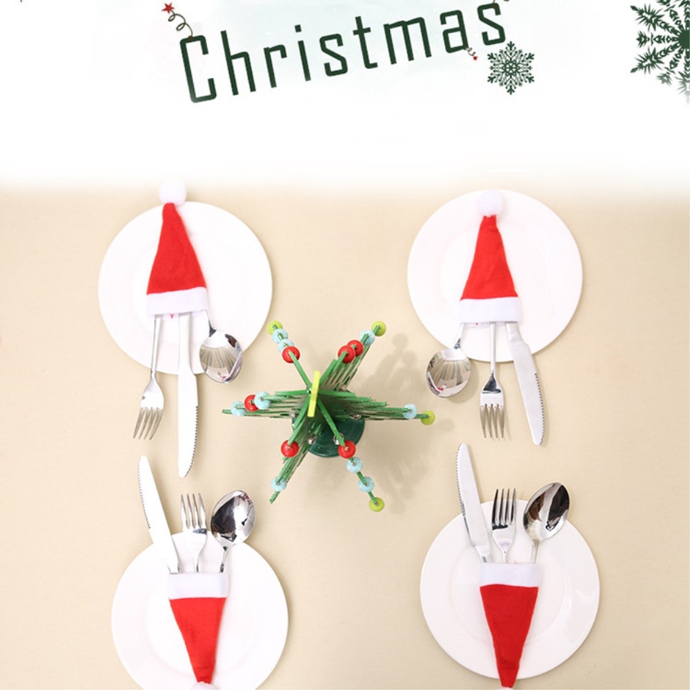 (10er Set) Filz Besteck Tasche Weihnachten Party Tisch Deko für Messer / Gabel / Löffel - Nikolausmütze
