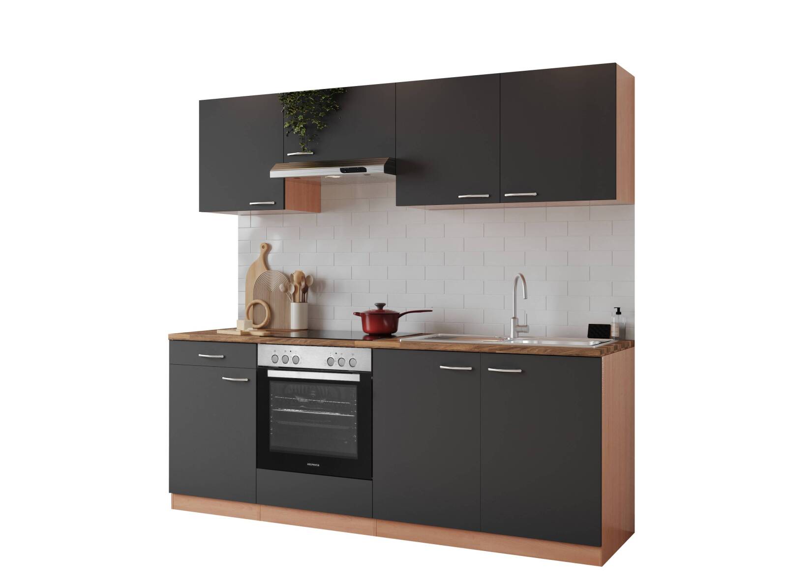 RESPEKTA Küchenblock GERDA - grau - mit E-Geräten - Glaskeramikkochfeld - 210 cm