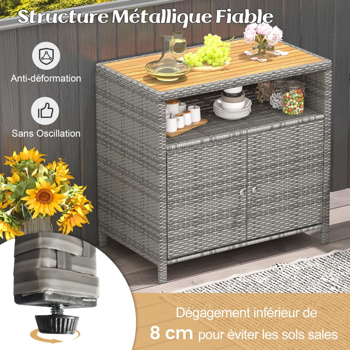 Armoire de Rangement Exterieur en Rotin Armoire de Jardin avec Plateau en Bois d'Acacia Compartiment Ouvert Buffet à 2 Portes - Lidl-Manfred