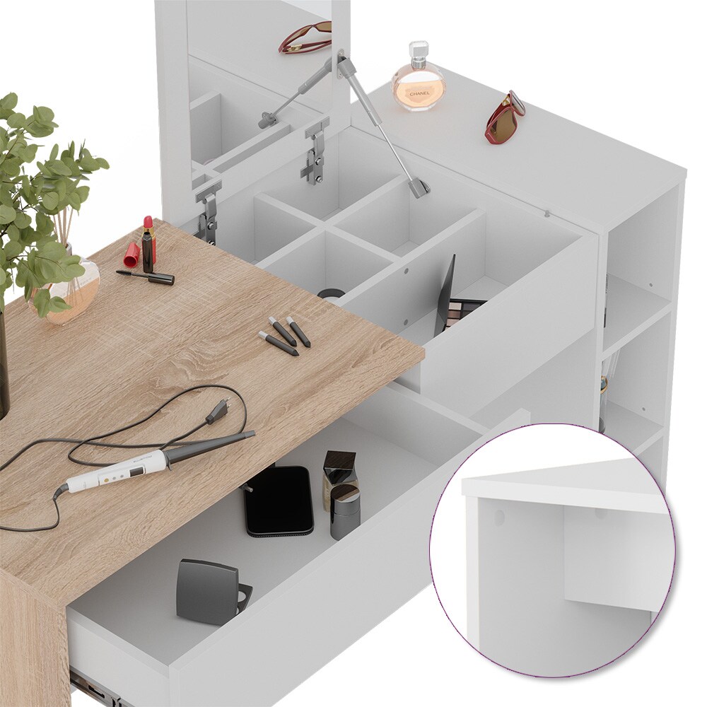Vicco Schminktisch Kira, 129 x 76 cm, Weiß Sonoma, Frisiertisch, Spiegel, Bank, modern