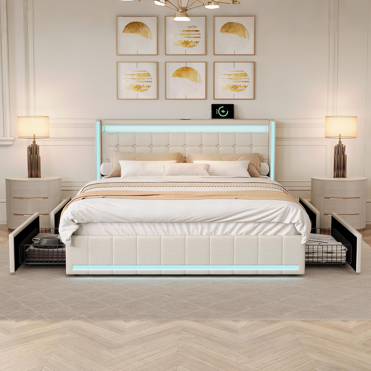 Polsterbett Doppelbett 180x200 cm, Stauraumbett mit 4 Schubladen, Bett 180x200 mit Bettkasten und Lattenrost, LED Kopfteil mit USB Ladestation, Jugendbett Funktionsbett Rückenlehne Bett, Leinen