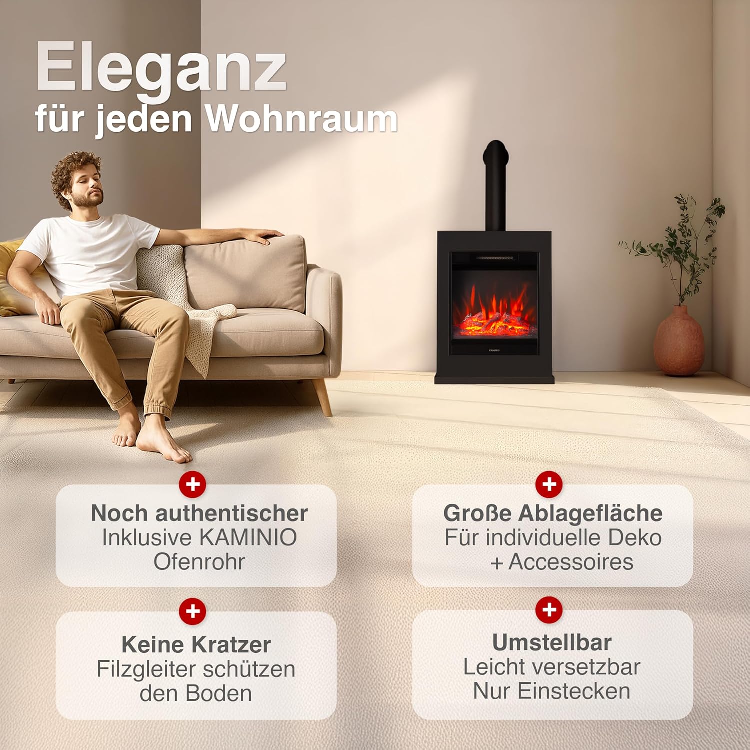 Elektrokamin Kalle - Elektrischer Standkamin mit Heizung, 3D-Flammeneffekt, Fernbedienung (Schwarz mit Rohr)