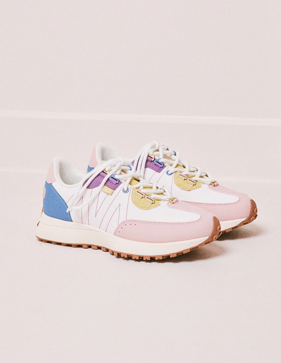 Baskets basses Morgane - Suède vegan et nylon rose clair, blanc et citron