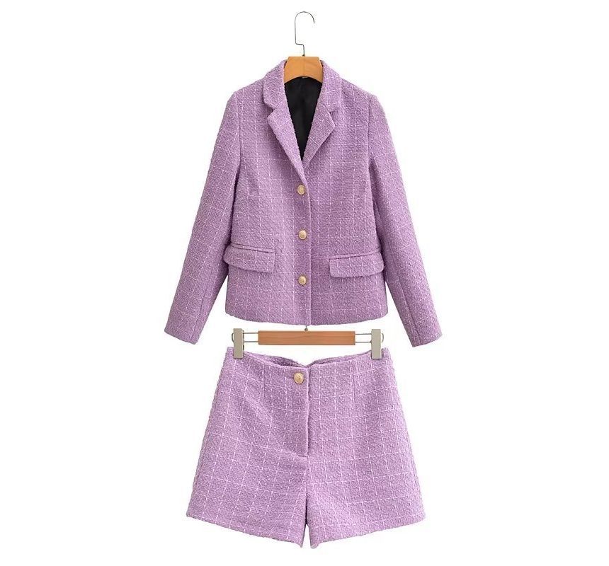 Avauntgardo - Set: Geruite blazer met enkele rij knopen + shorts met hoge taille