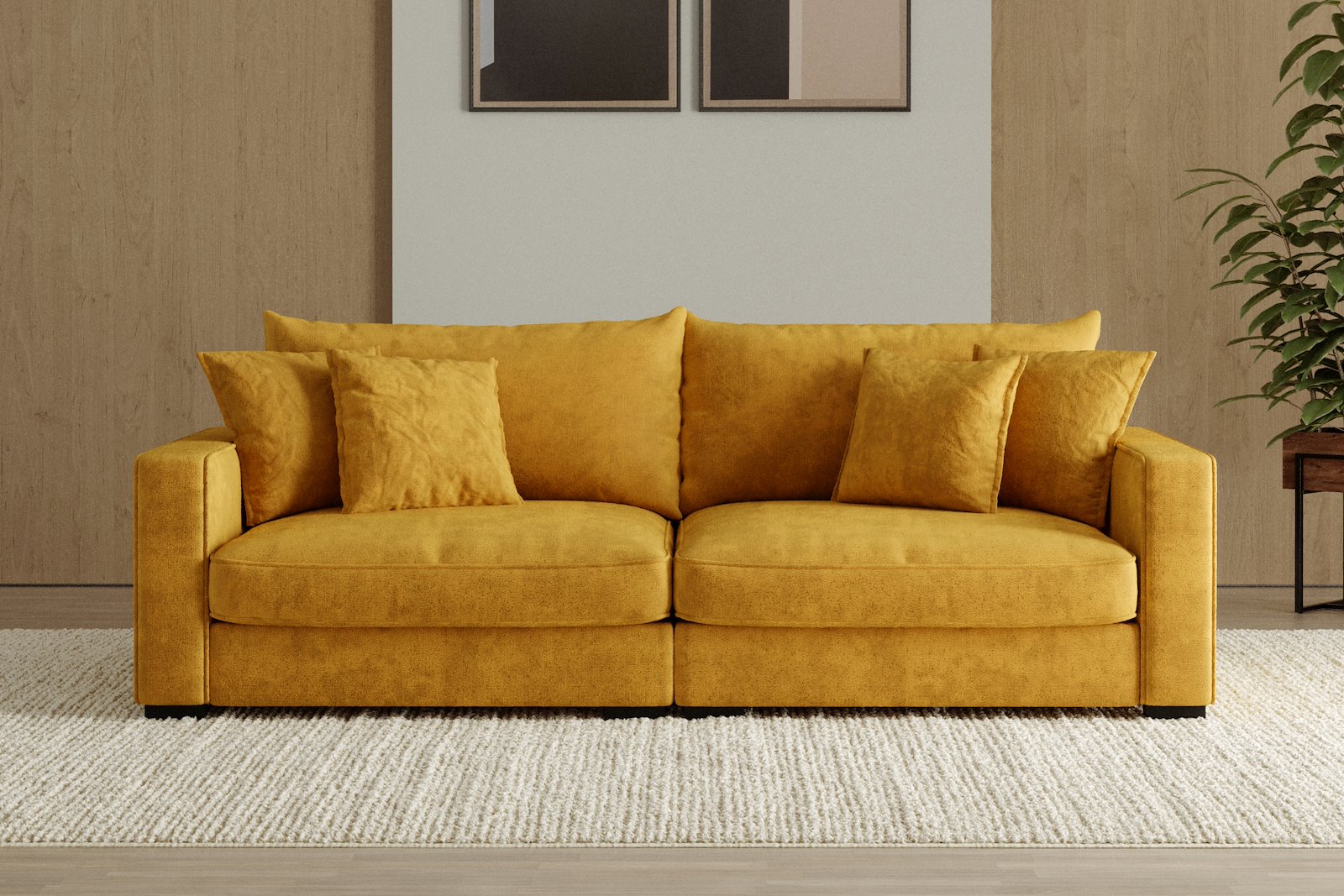 Rossi Lux 3-seter sofa Tekstil Genesis 10 Golden Yellow, arm B med sorte ben. Lux Komfort.