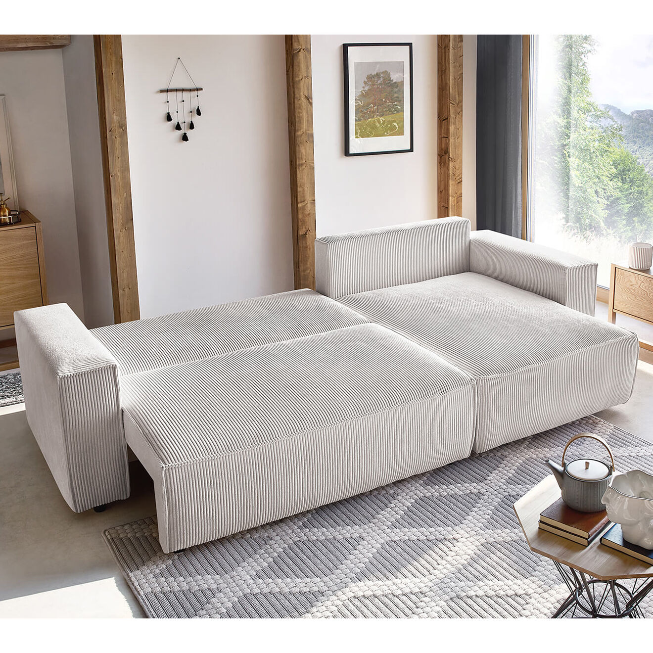 Bobochic Canapé d'angle convertible reversible Nihad en velours côtelé beige - 282x153 cm
