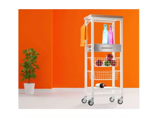 Desserte de cuisine haut, chariot de rangement - couleur Blanc, Inox, Orme - 123*48,5*34 cm - ONDA ALTO