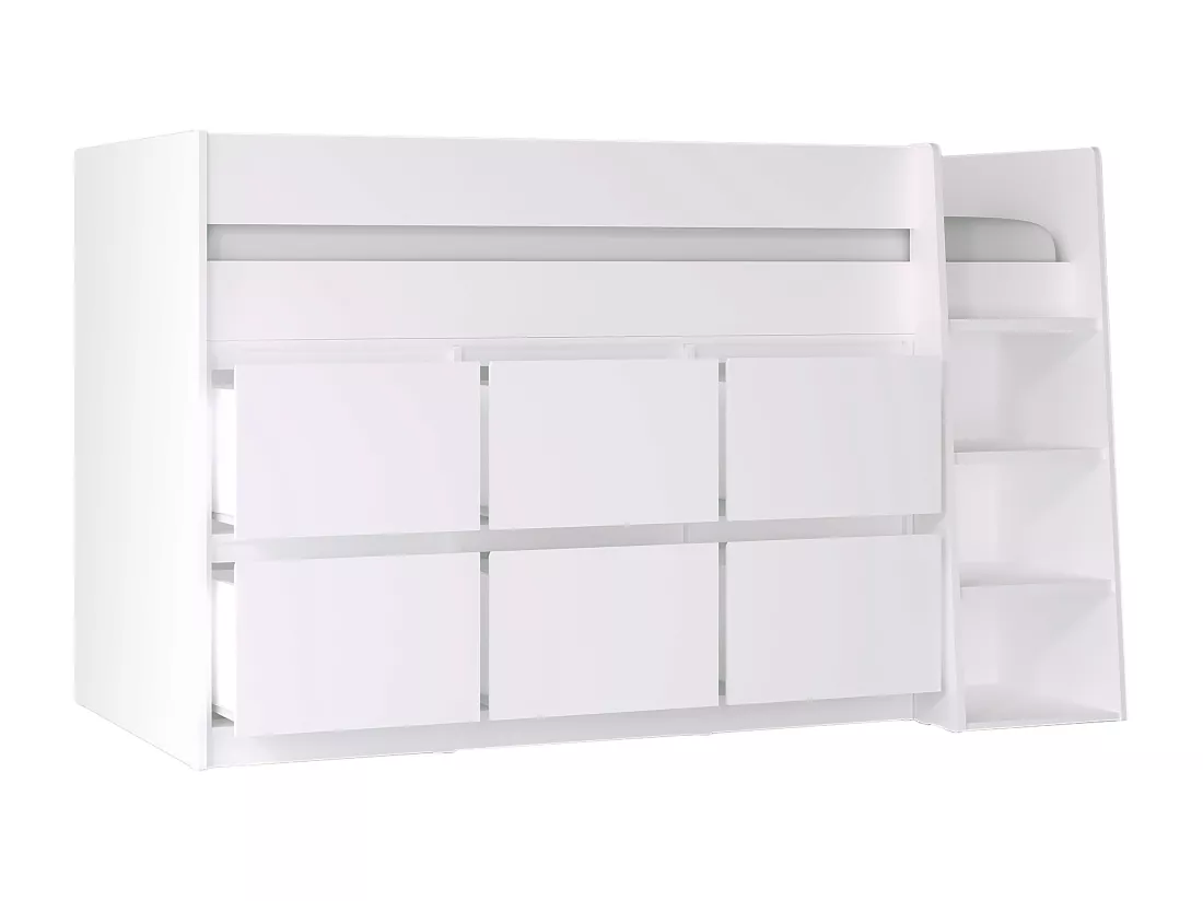 Lit mi-hauteur 90 x 190 cm avec 6 tiroirs - Blanc + Matelas - CAMALETI
