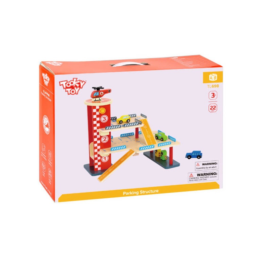 Tooky Toy Holz-Parkhaus TL698, 22-tlg, 3 Etagen, Tankstelle, 3 Autos, Landeplatz bunt