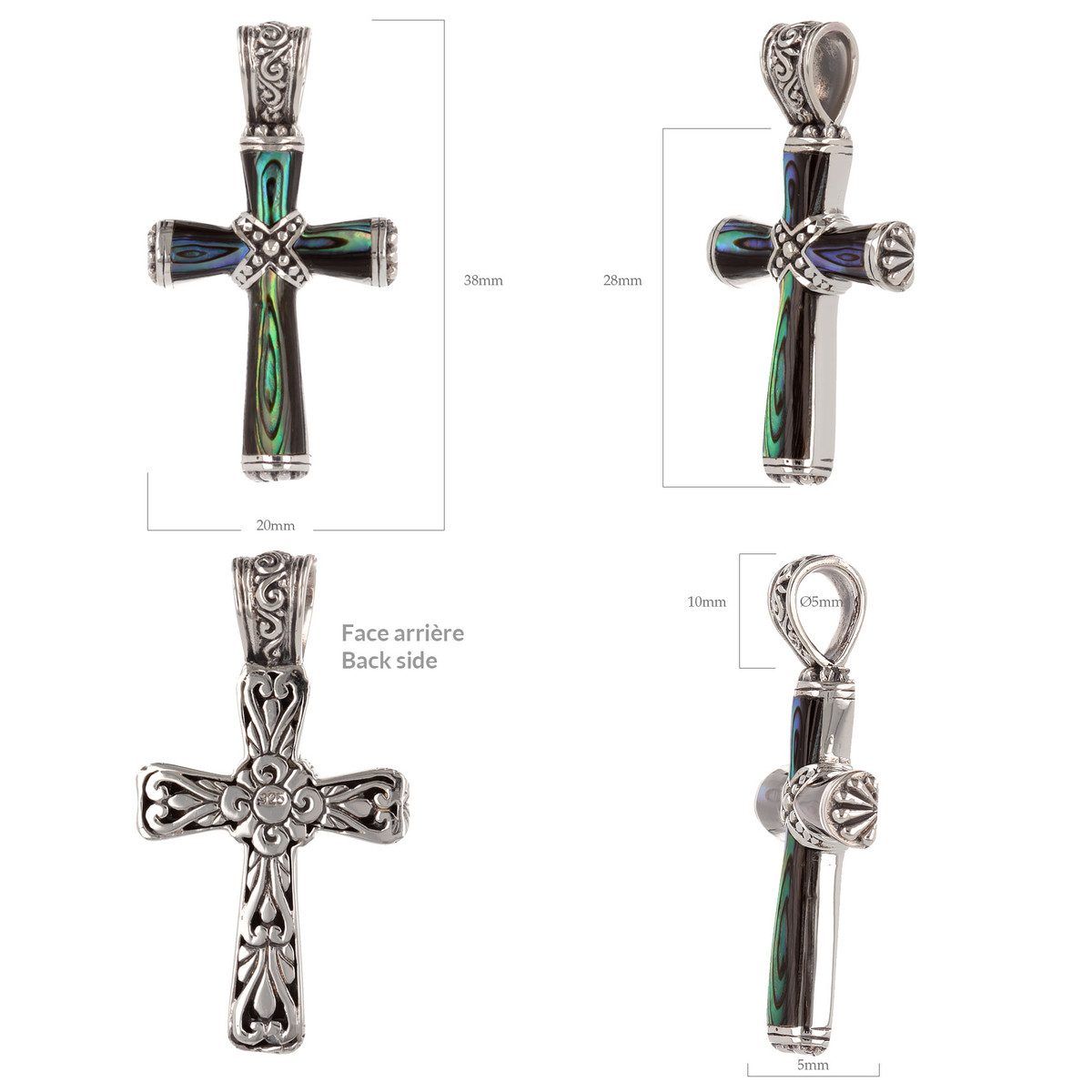Pendentif croix en Nacre abalone et Argent massif