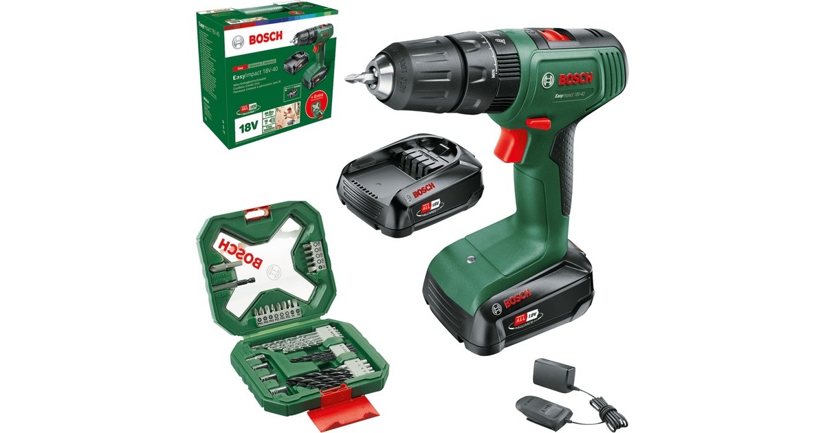 BoschEasyImpact 18V-40 accuschroefklopboormachine  schroeftol  (Groen/zwart, 2x 2,0 Ah accu en oplader inbegrepen, POWER FOR ALL ALLIANCE)
