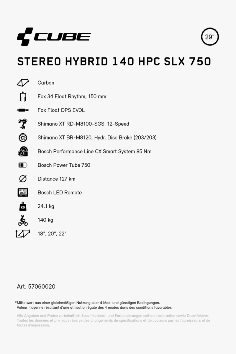 CUBE Stereo Hybrid 140 HPC SLX 750 29 E-Mountainbike 2024