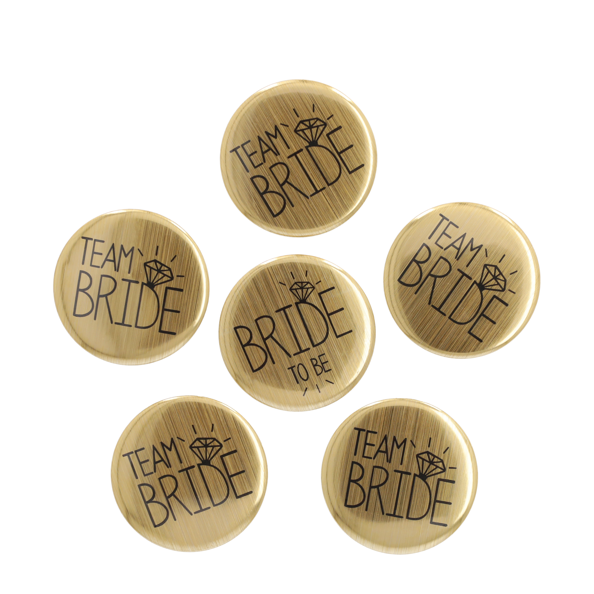 (6er Set) Deko Button Team Bride / Bride To Be Pin Accessoire Junggesellinnenabschied Brosche - Gold / Schwarz