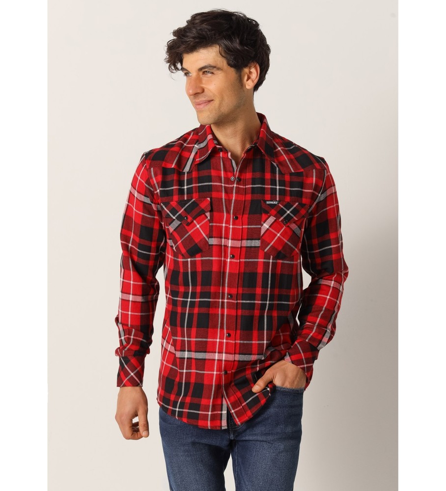 Camisa de manga comprida xadrez de flanela Six Valves com bolsos, vermelha