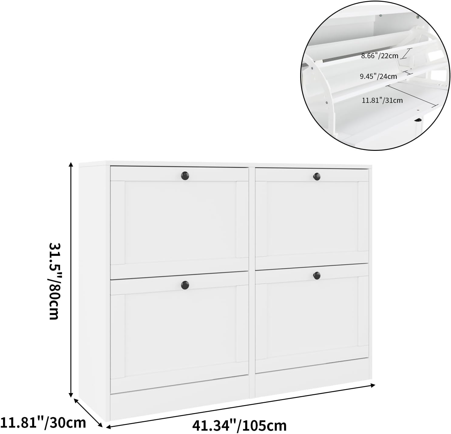 VOWNER Schuhschrank mit 4 Klappen, Schuhschrank Schmal Schuhregal, mit 12 Fächern, Schuhablage Verstellbar, 105 x 30 x 80 cm, Anti-Kipp-Vorrichtung für Eingangsbereich, Flur, (Weiss)