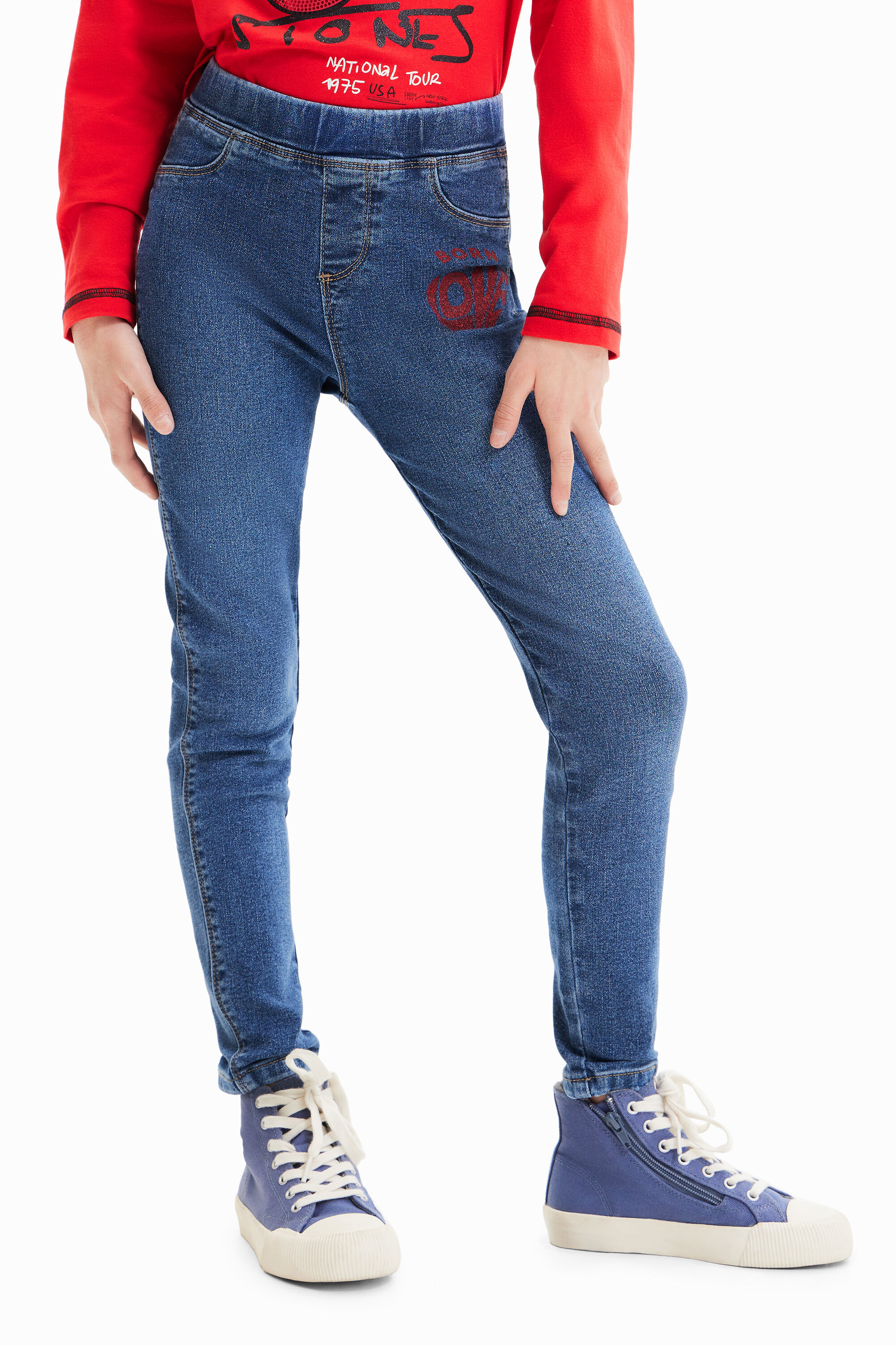 Calças legging jeans com mensagem
