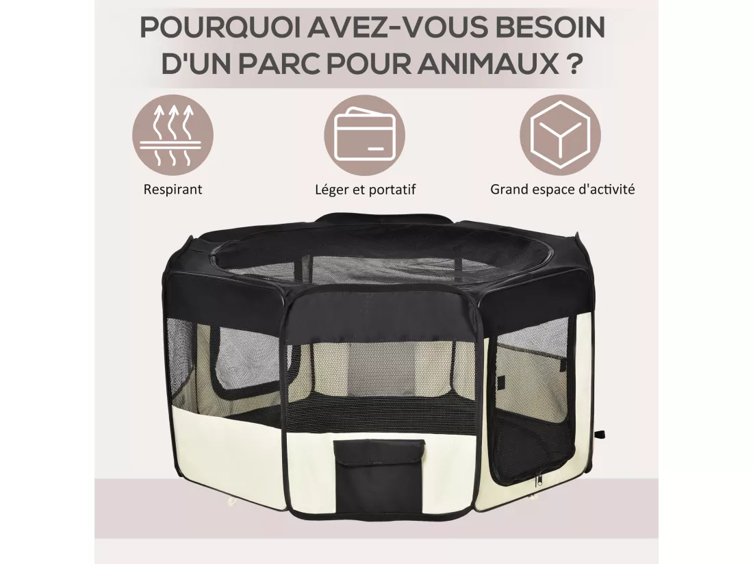 Parc enclos pliable chien chat - Ø 120 x 58H cm - acier tissu Oxford - crème noir