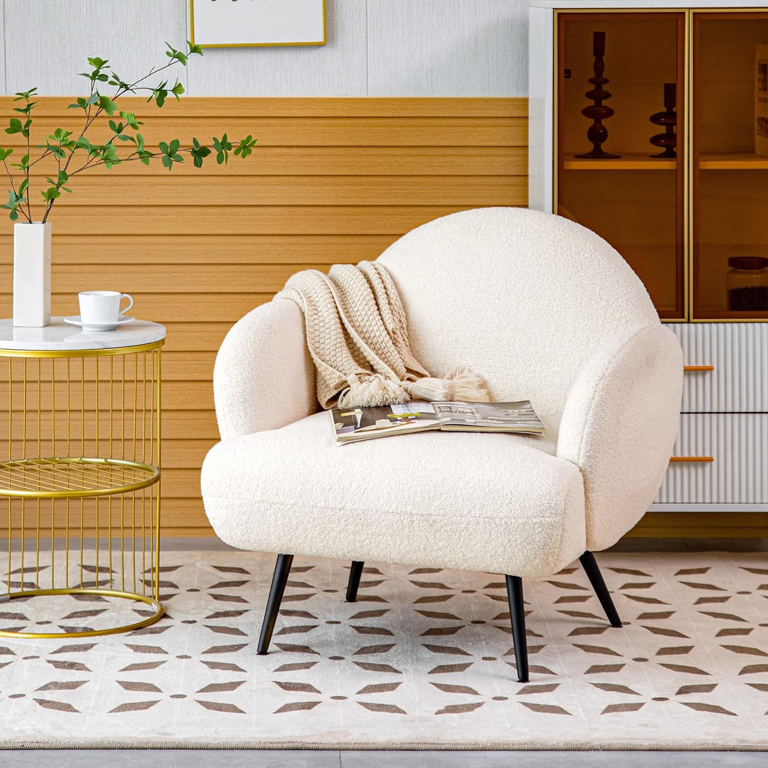 Sessel Moderner Loungesessel Einzel Loungesofa Lounge Sofa Gemütlicher Teddystoff Schwarze Metallbeine Geeignet für Wohnzimmer Schlafzimmer, Weiß