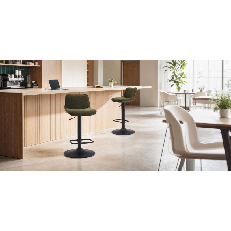 Tabouret Zenda en chenille vert foncé et acier noir mat hauteur  81-102 cm