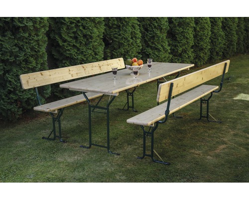 Biertentset met rugleuning, 3-delige set: tafel 220 x 70 cm, banken 220 x 25 cm, sparrenhout, groen/naturel