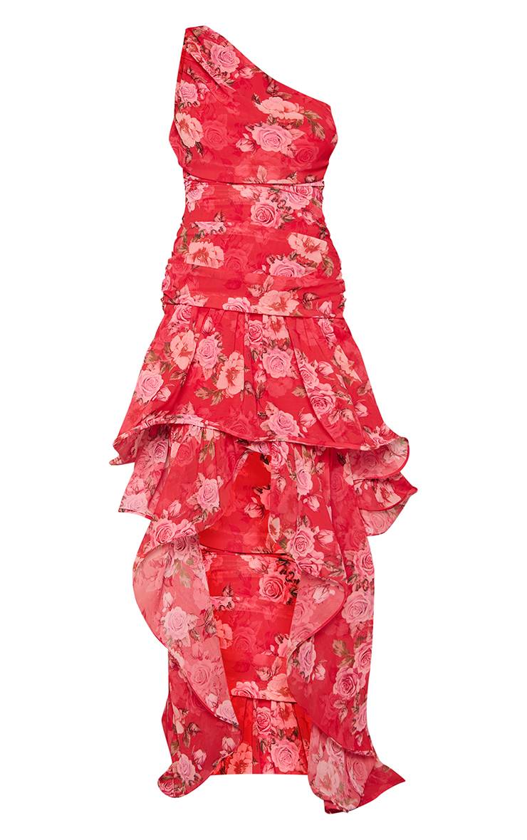 Rouge Robe Longue À Imprimé Floral Avec Une Épaule Dénudée