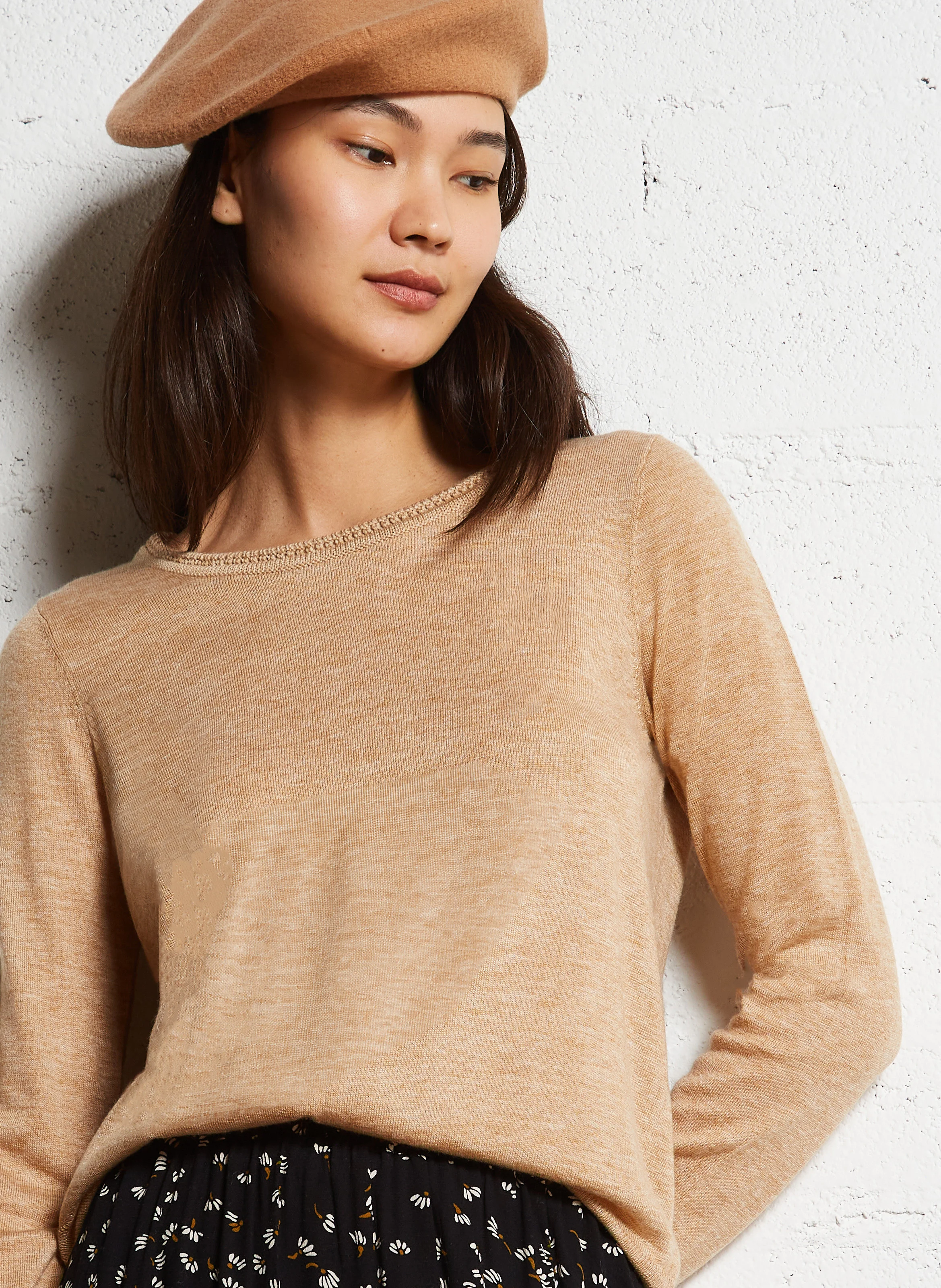 MARIE - Pull col rond droit en maille | Marron