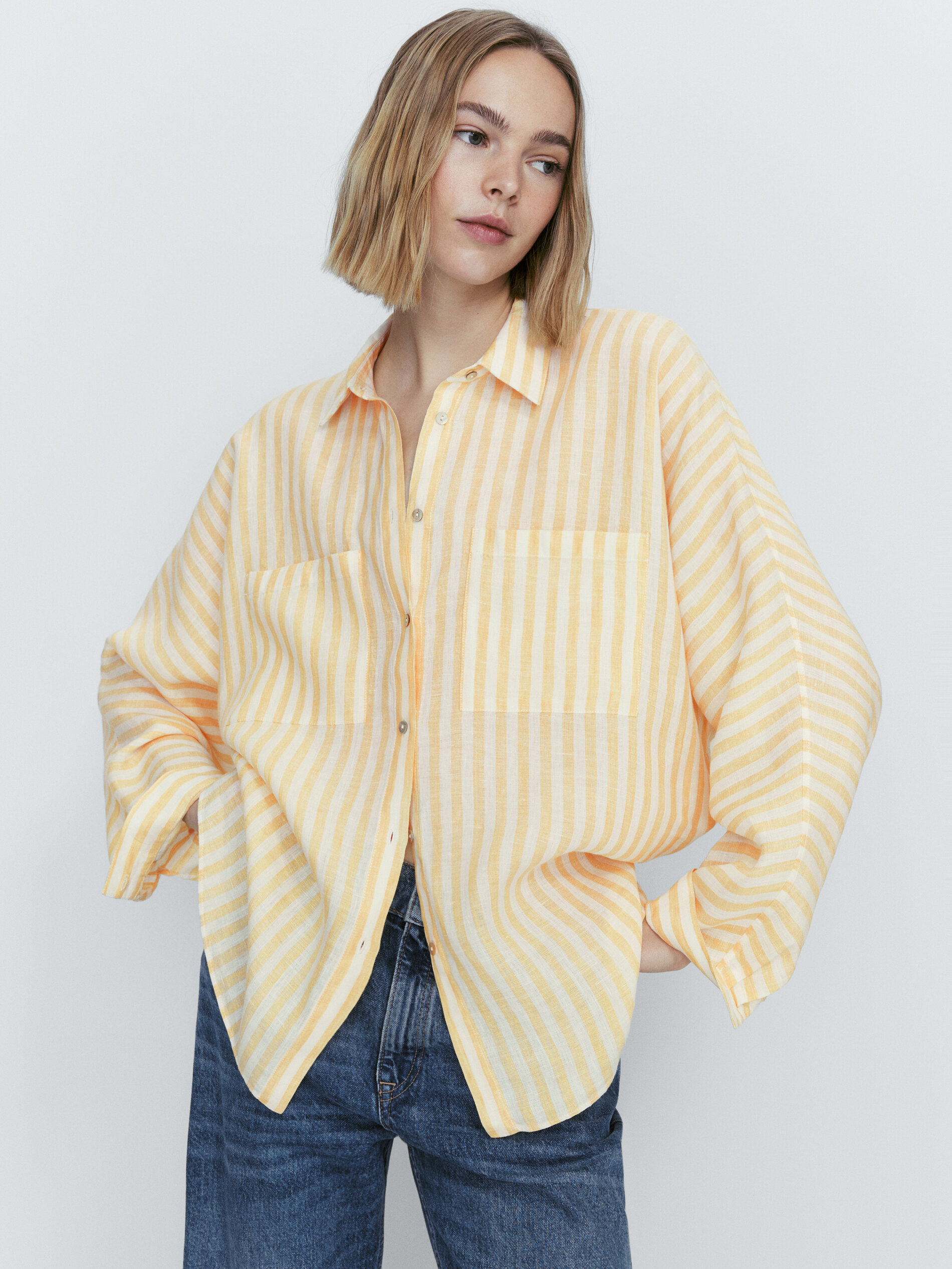 Camisa rayas bolsillos 100% linho - AMARILLO