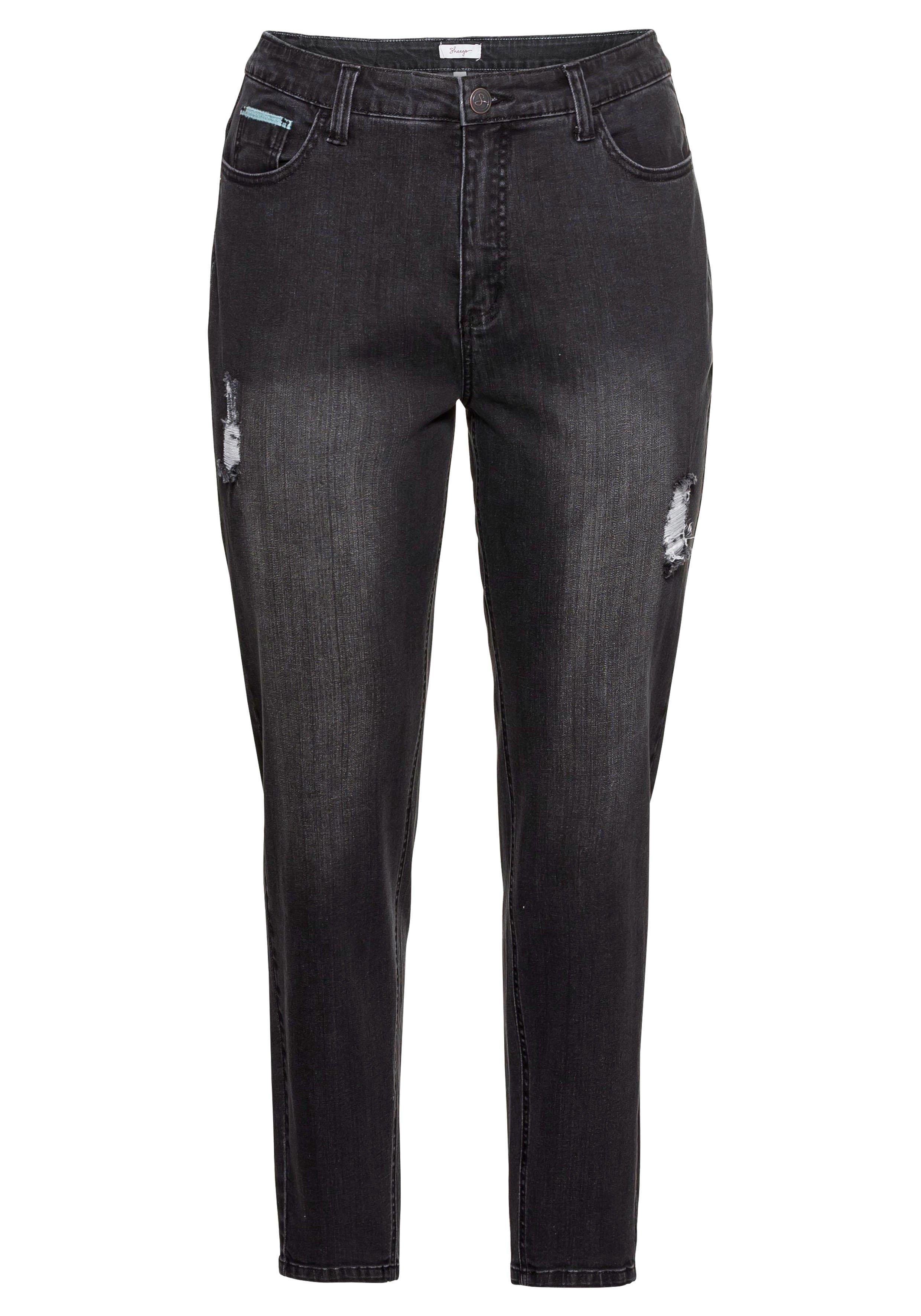 Mom-Jeans mit Destroyed-Effekten und Formbund