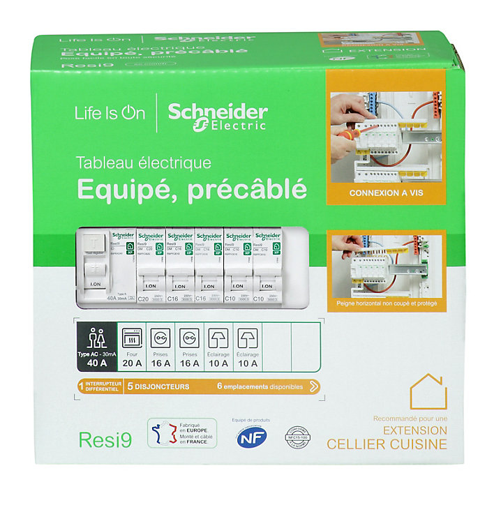 Tableau électrique pré-équipé et pré-câblé 1 rangée - 13 modules (6 inclus) Schneider Electric Resi9 XP