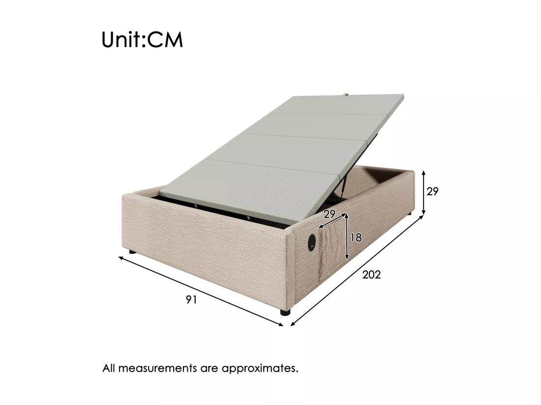 Lit coffre 90 x 200 cm sans tête de lit - 2 poches latérales et prises USB + Type-C - Tissu en lin - Beige (sans matelas)