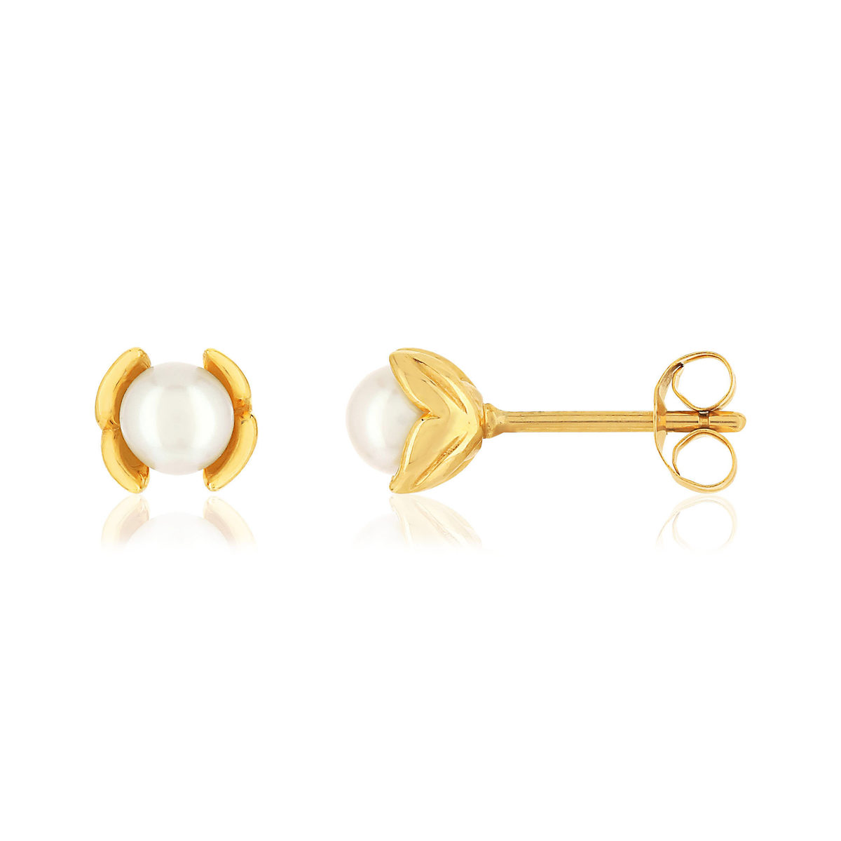 Boucles d'oreilles or jaune 375, perles de culture de Chine, motif feuille.