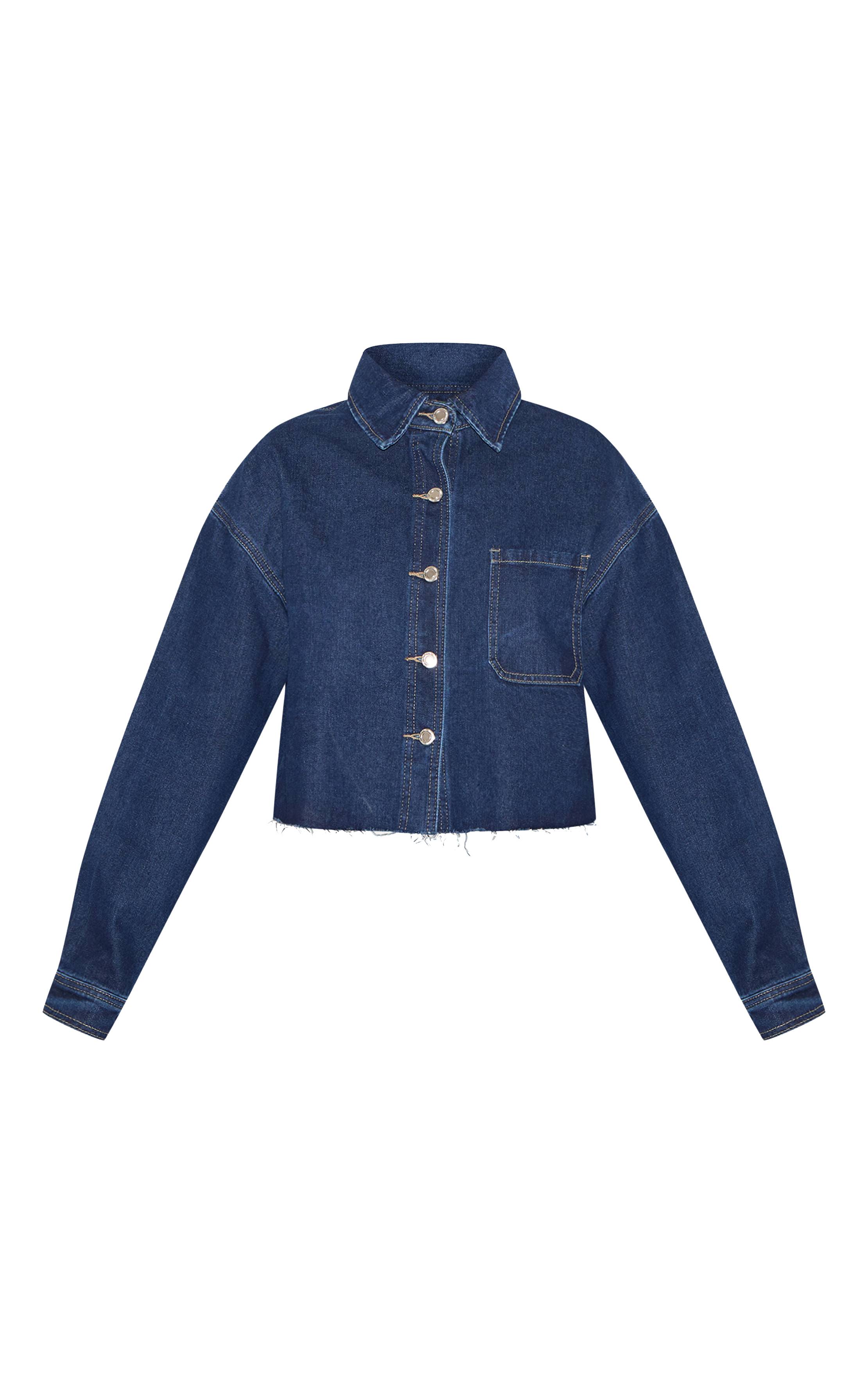 Bleu Indigo Chemise En Denim Raccourcie À Ourlet Brut