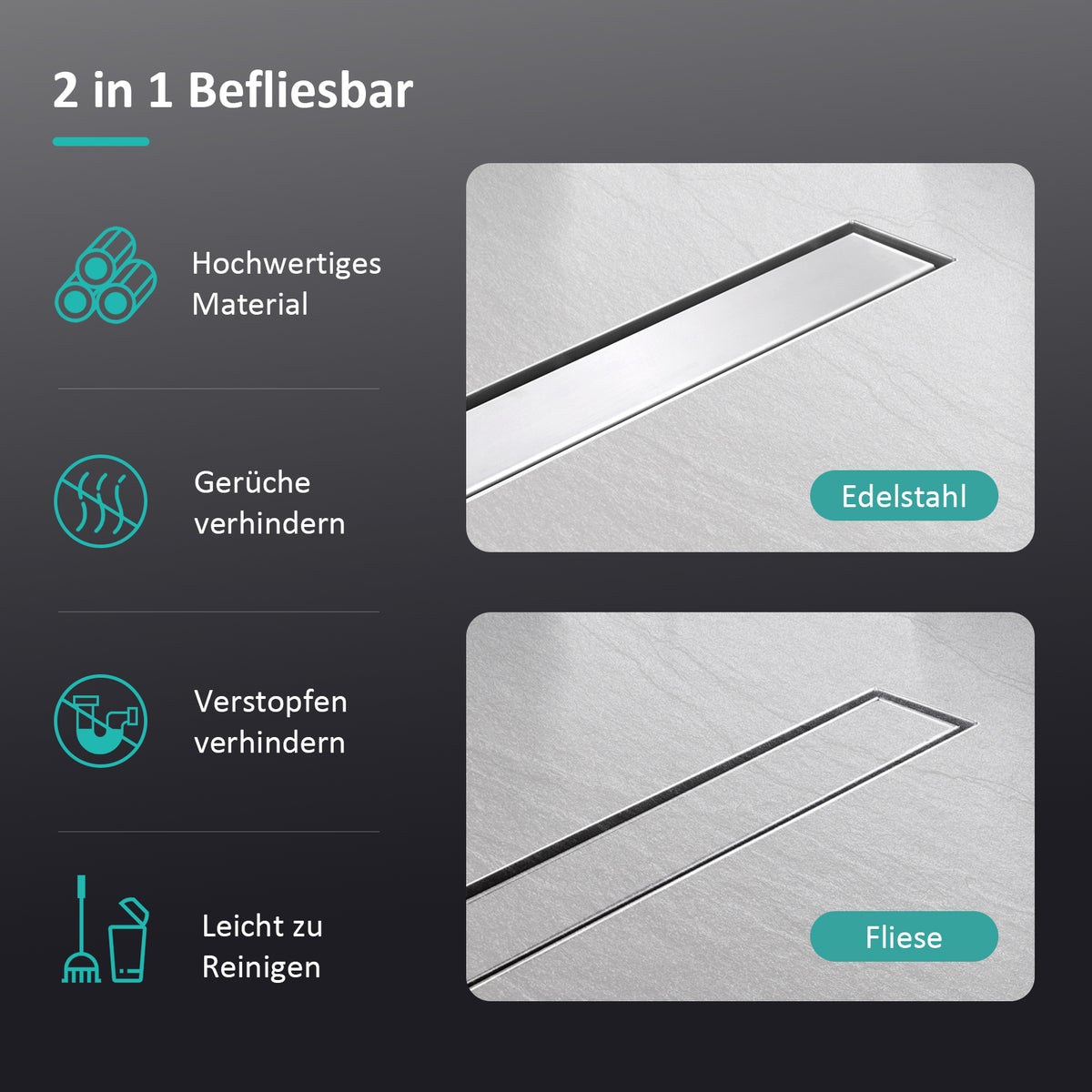 EMKE RVS Douchegoot 50cm Complete Set, Tegelbaar, Vloerafvoer, Douchesifon met Stankafsluiter en Haarfilter, Randafvoer, Douchegoot, Dubbelzijdige Douchegoot voor Badkamers