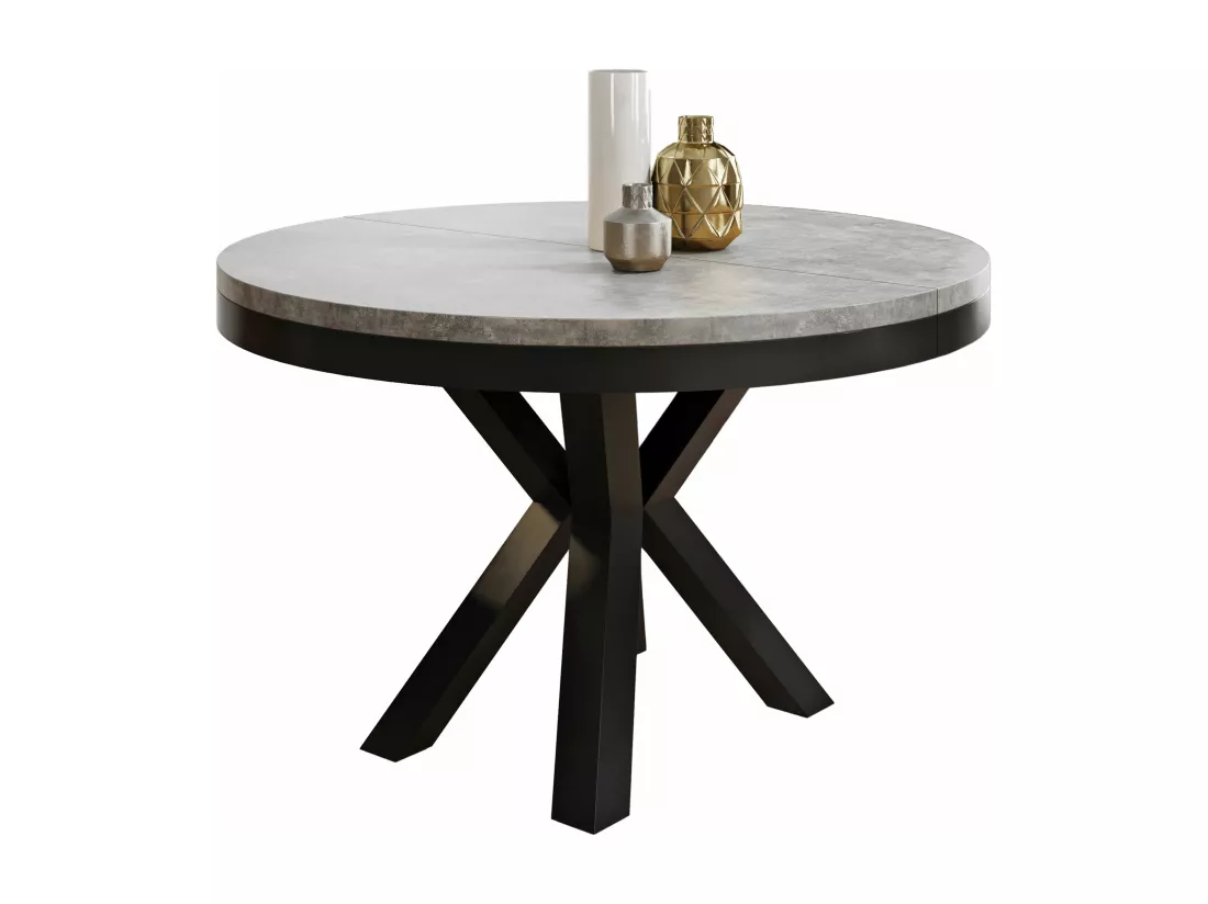 Table à Manger Ronde Extensible Style Loft - Table Industrielle Avec Pieds En Métal Noir - Gain De Place Pour Salon Et Séjour - Gris Béton - Noir - 120 Cm