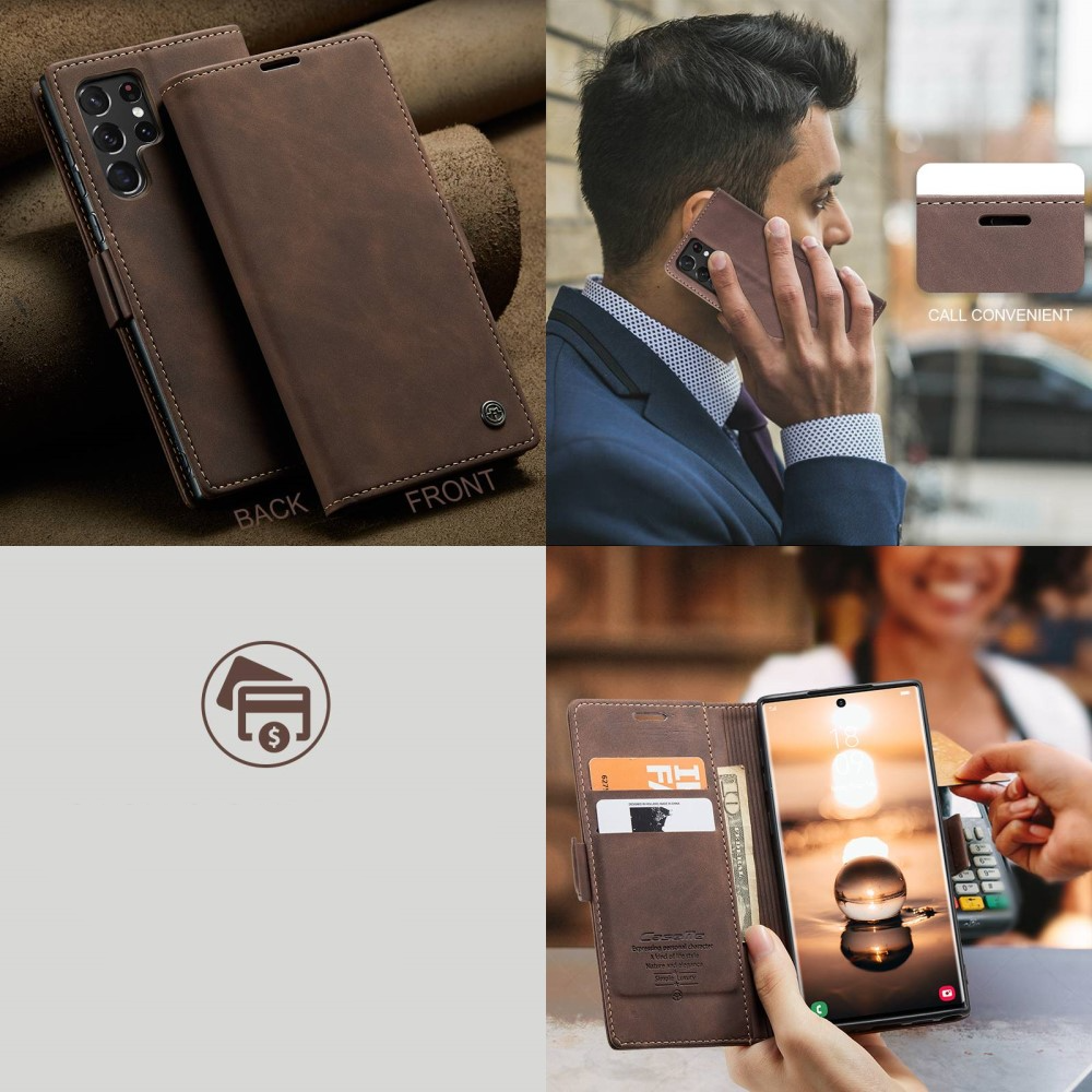 Samsung Galaxy S22 Ultra 5G Leder Tasche Flip Wallet Etui mit Kartenfächern - Dunkelbraun