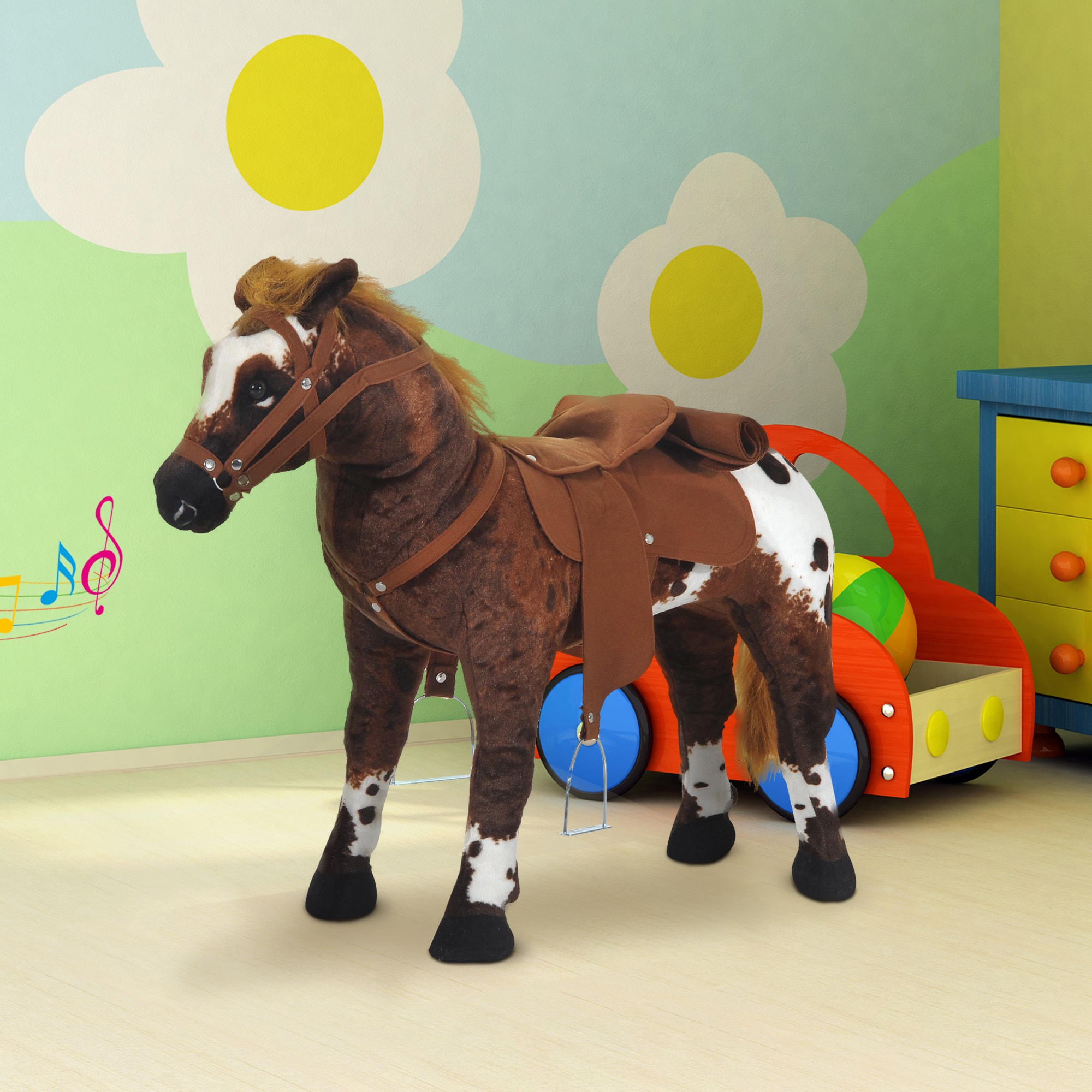 HOMCOM Kinder Reitpferd mit Steigbügel und Sound braun 85 x 28 x 60 cm (LxBxH)