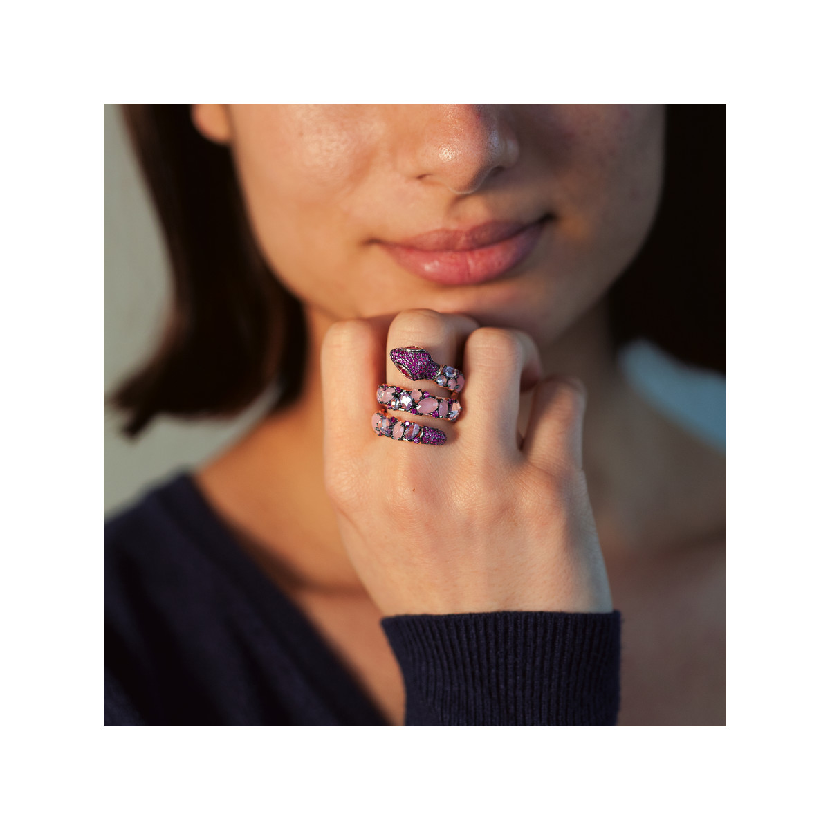 Bague argent 925 rosé serpent zirconias roses et blancs