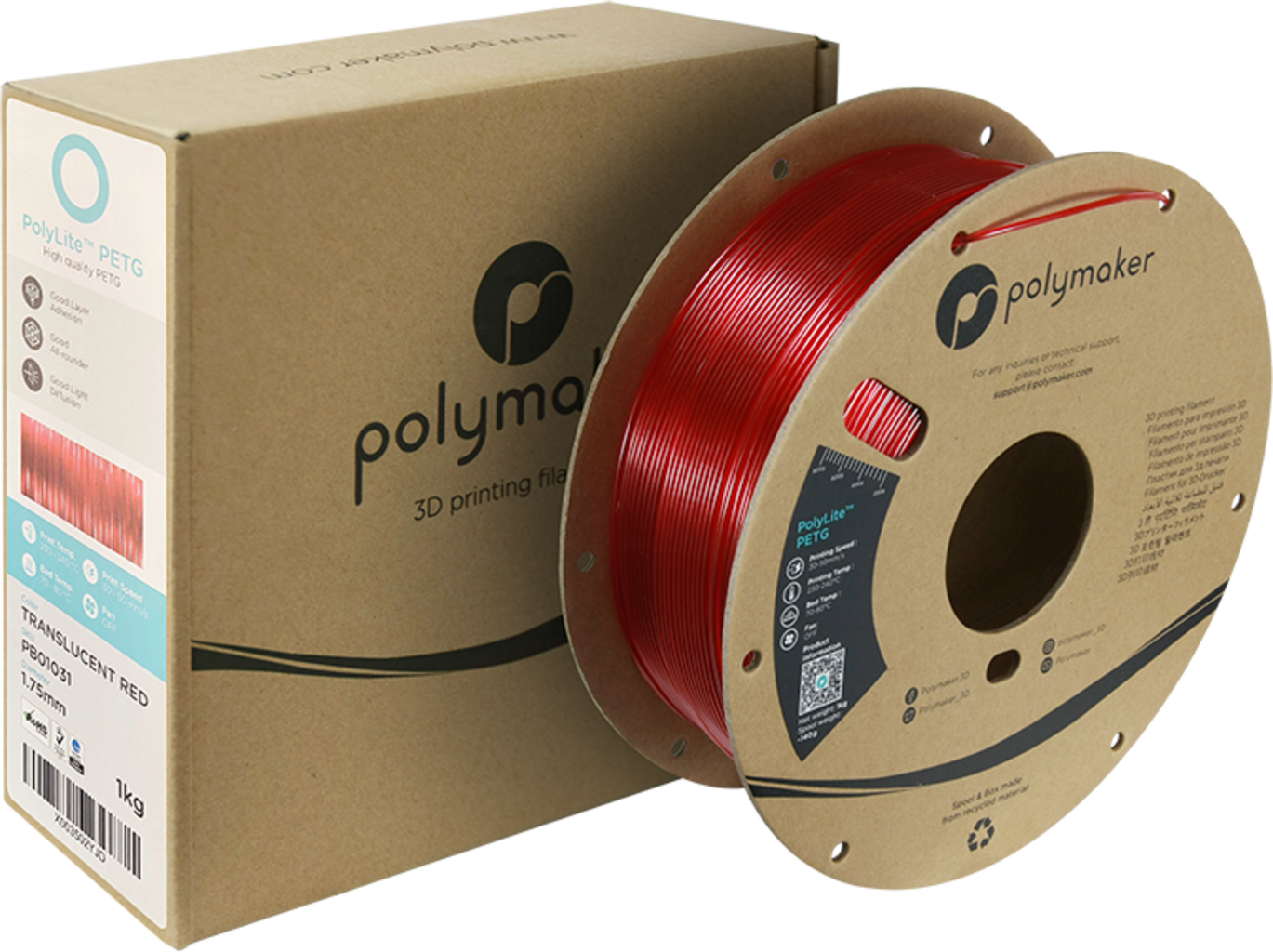 Polymaker  PolyLite PETG Translucent Red, 1,75 mm / 1000 g    Großartiges Allround-Filament für den täglichen Druck