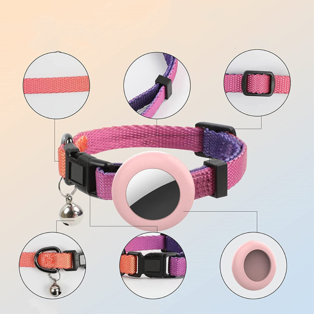Katzen Rainbow Halsband mit Apple AirTag Silikon Halterung   Glöckchen - Rosa / Blau