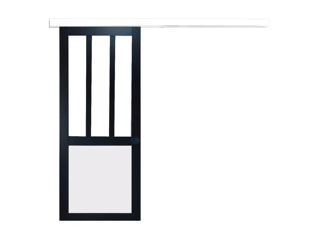 Porte Coulissante Atelier Noir Et Panneau Blanc Vitree H204 X L83 + Rail Alu Bandeau Blanc Et 2 Coquilles Noir Gd Menuiseries