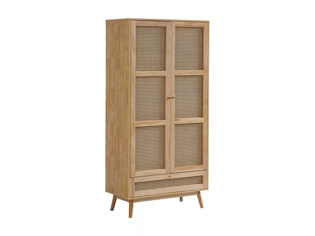 Armoire avec tringle - 2 portes grillagées en rotin et 1 compartiment abattant - Naturel