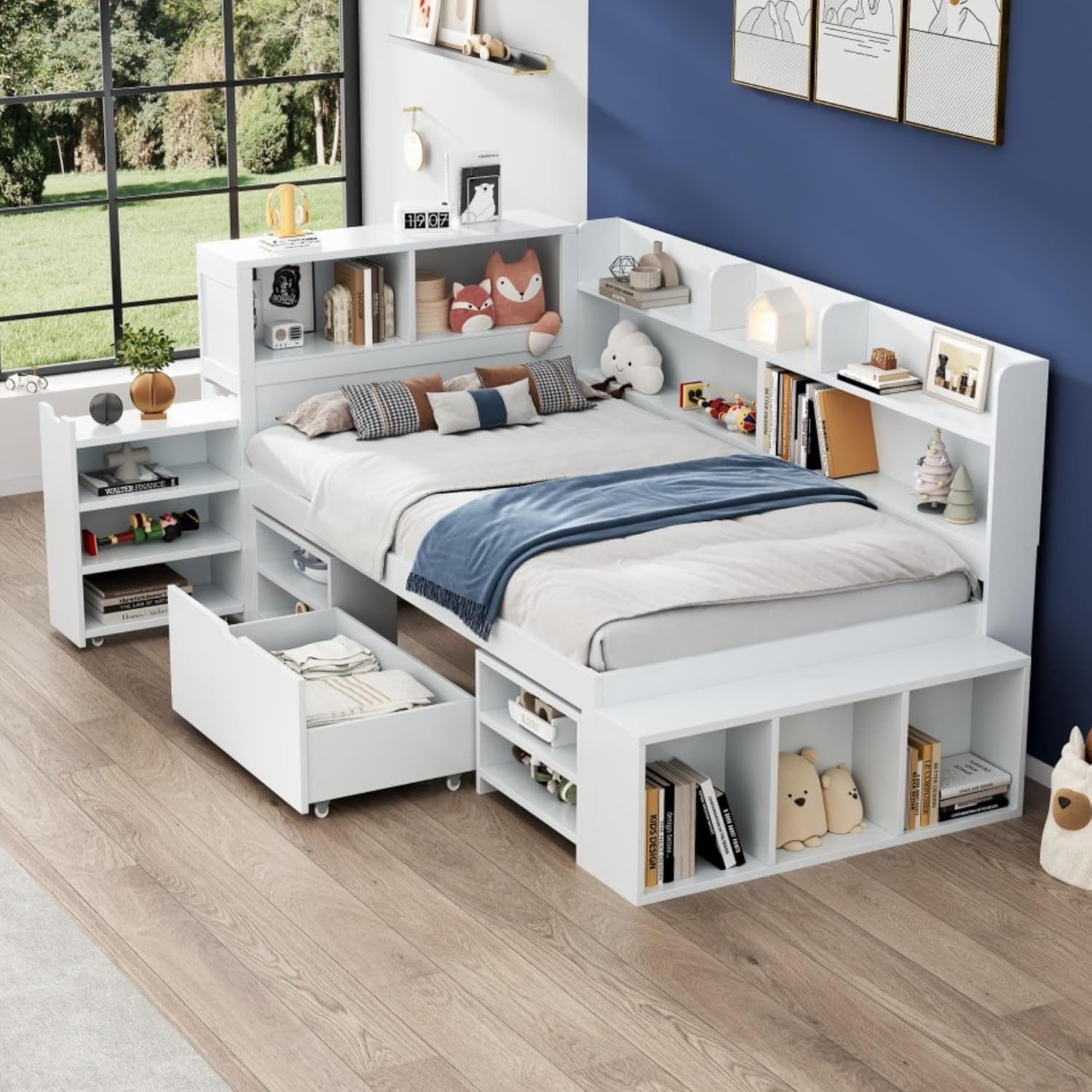 Kinderbett, 90x200 cm, Einzelbett, multifunktionales Kinderbett mit Schubladen, Bücherregal und Stauschrank, großer Stauraum, Lattenrost, ohne Matratze, weiß