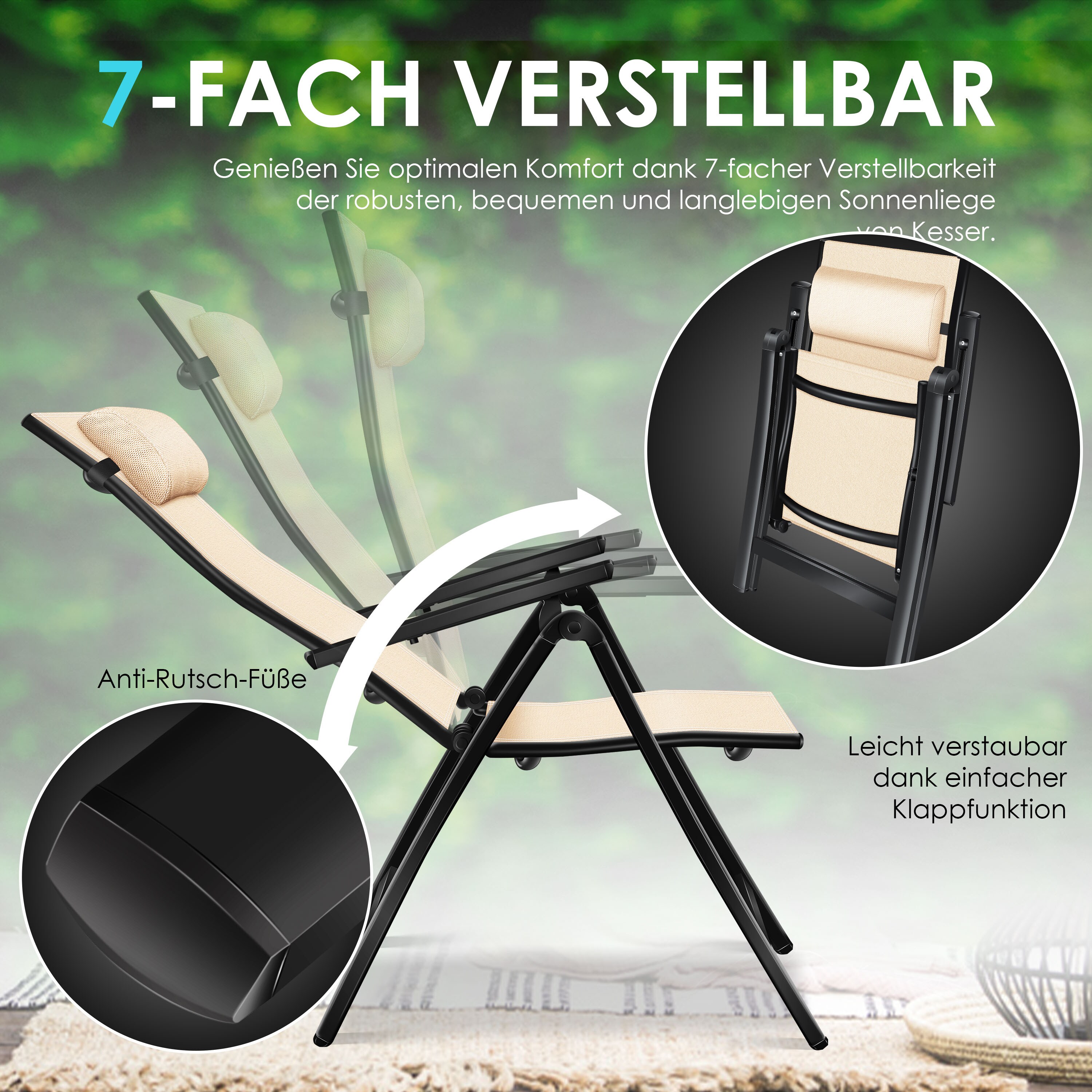 KESSER® Gartenstuhl Hochlehner mit Armlehnen | Aluminium Klappstuhl inkl. Kopfkissen Campingstuhl 7-Fach Verstellbar Rückenlehne | Atmungsaktiv & Wetterfest | Klappbar & Anti-Rutsch