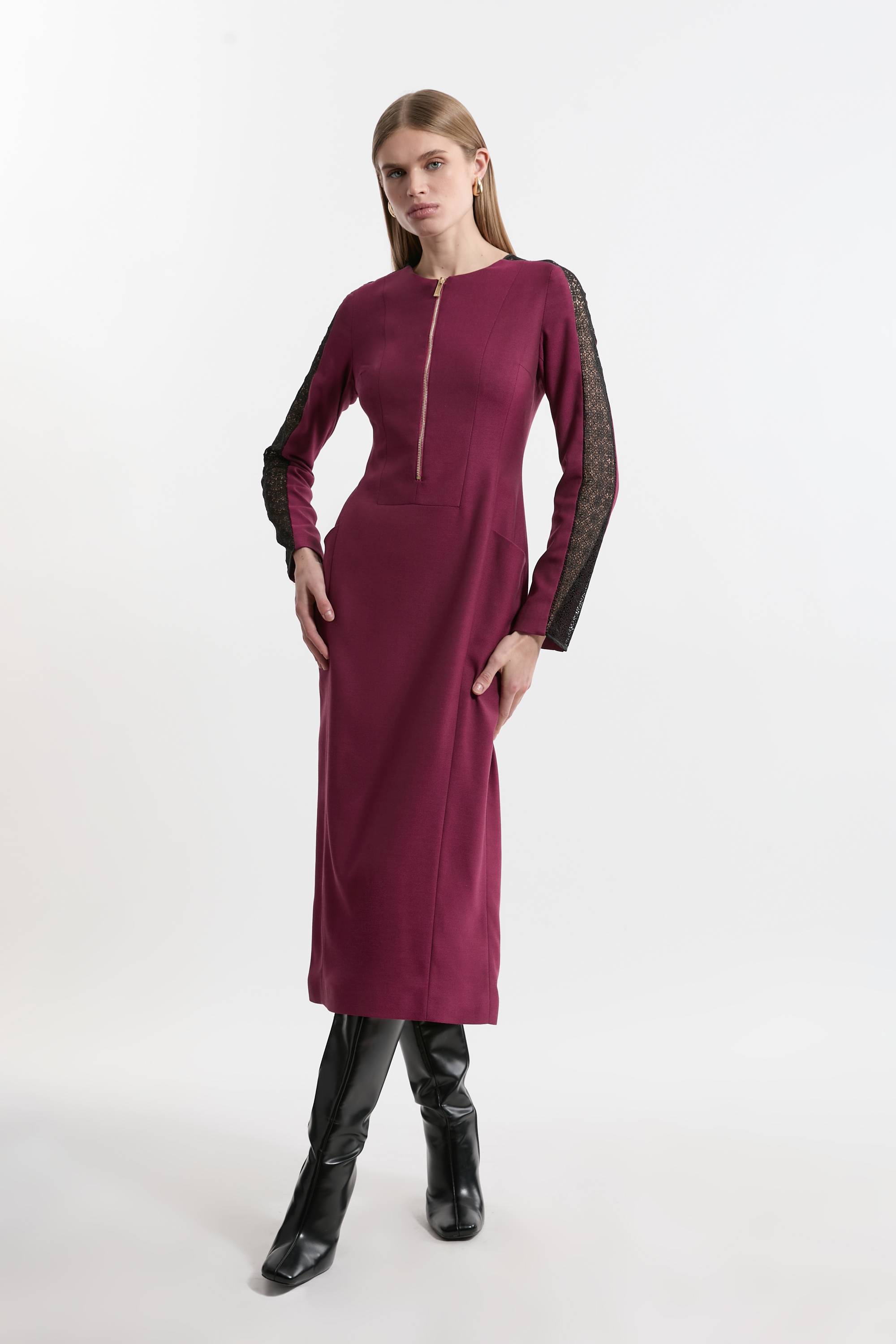 KarenMillen Robe midi à zip avant en mélange de twill et dentelle sur mesure
