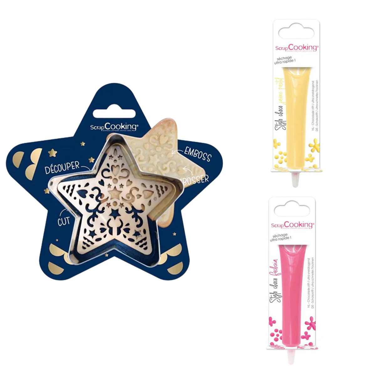 Kit pour biscuit en relief Étoile + 2 Stylos au chocolat jaune pastel