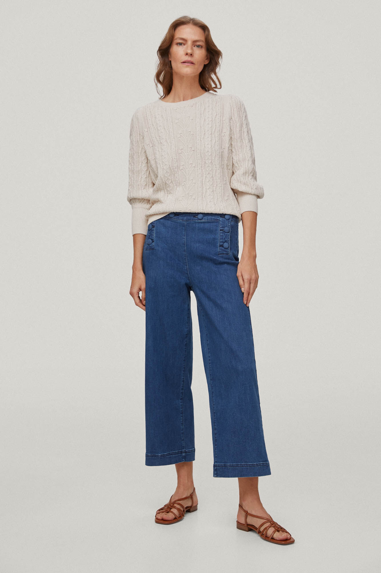 Calça jeans cropped de perna larga - Azul