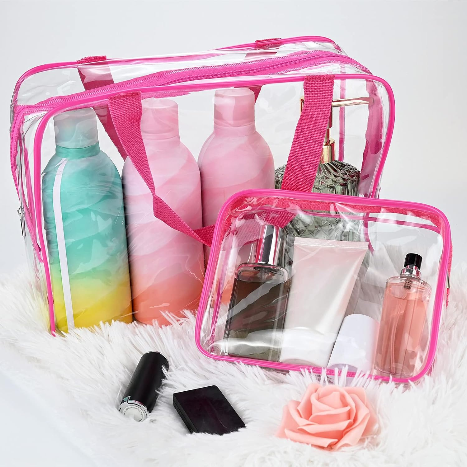(3er Set) Kosmetik Make Up Tasche Handgepäck Necessaire Organizer Bag mit Reissverschluss - Transparent / Pink