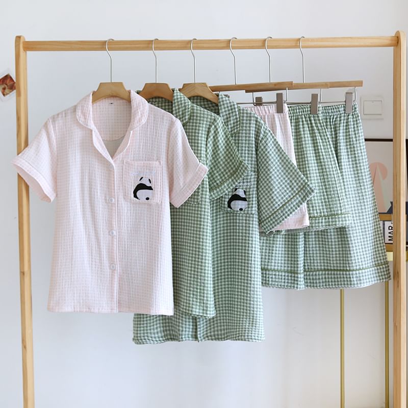 MelMount - Bijpassende pyjamaset voor koppels: geruite top met korte mouwen + shorts (verschillende ontwerpen)